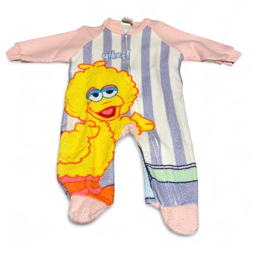 Vintage Sesame Street Big Bird Fleece Sleeper Baby 6 Months Pink EUC